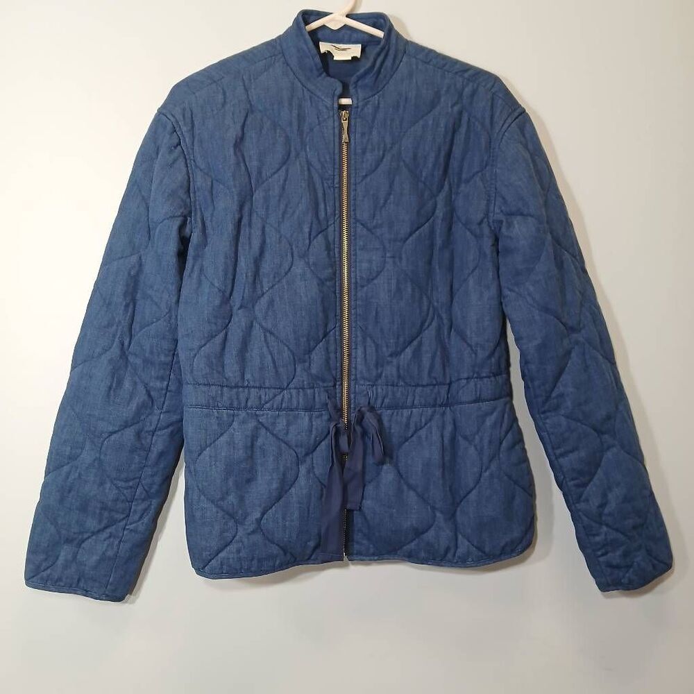 Kate Spade womens medium quilted denim jacket blue full zip cinched waist